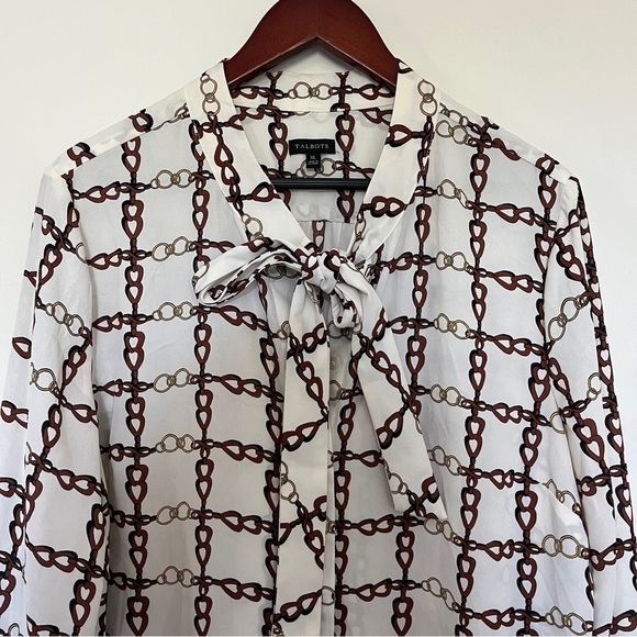 Talbots White Chain Printed Front Bow Button Up Blouse - Picture 3 of 7